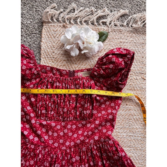 Hearts & Found Red Floral Rose Print Puff Sleeve Midi Dress Small Vintage Style - Picture 6 of 8